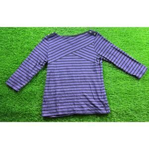 Karen Scott Womens Stripe Boatneck Knit Top Purple Black 3/4 Sleeve Buttons Sz S
